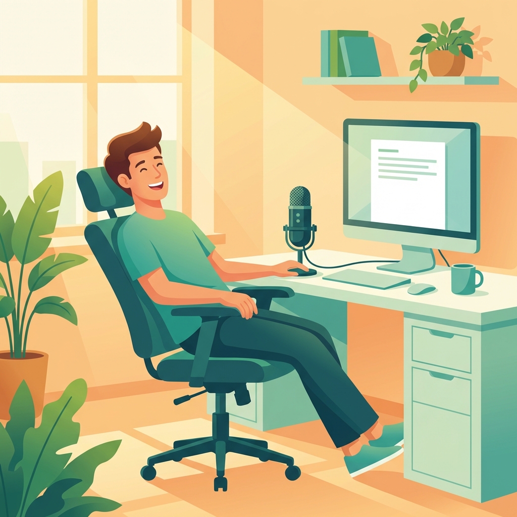 Счастливый пользователь диктует в микрофон