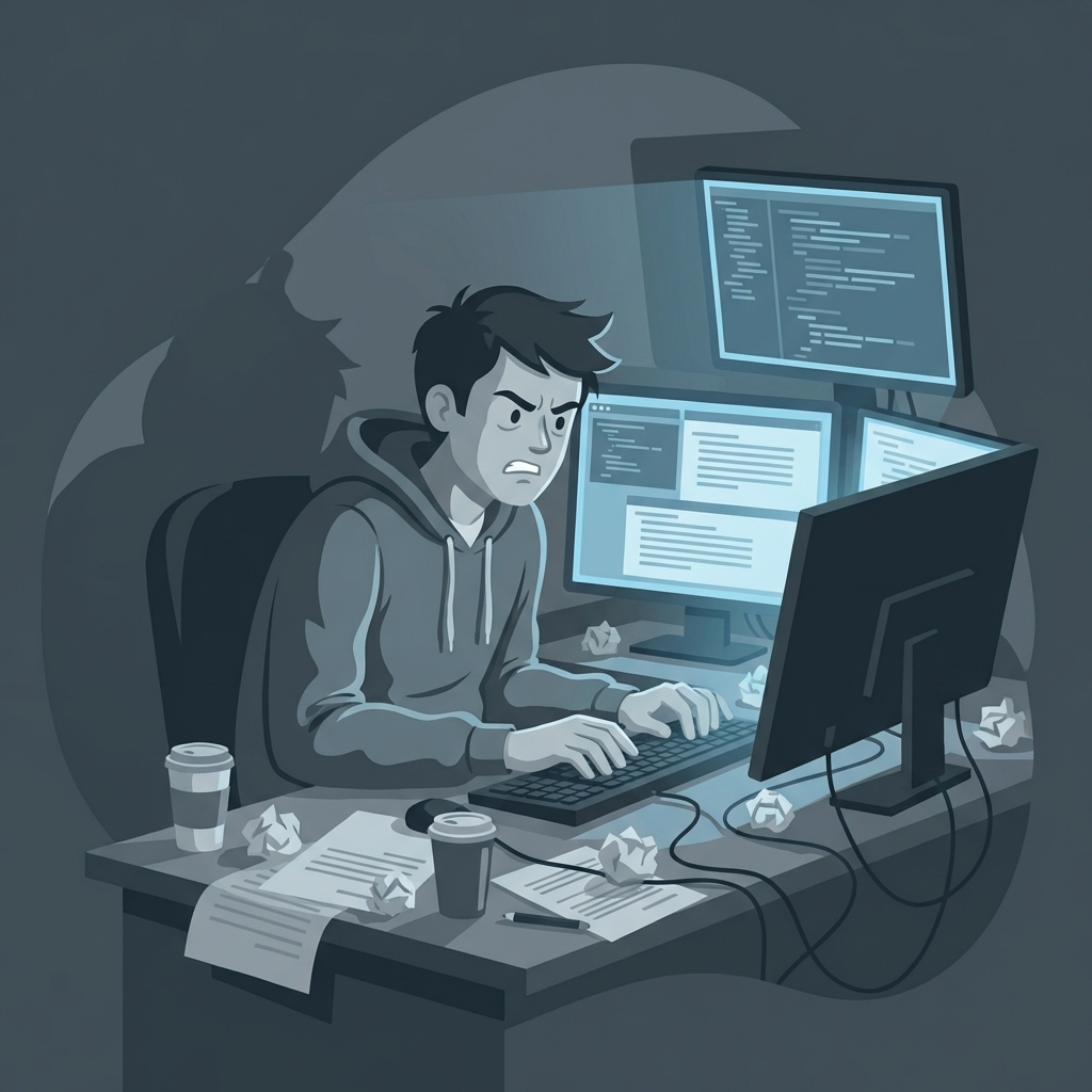 Измученный пользователь за клавиатурой